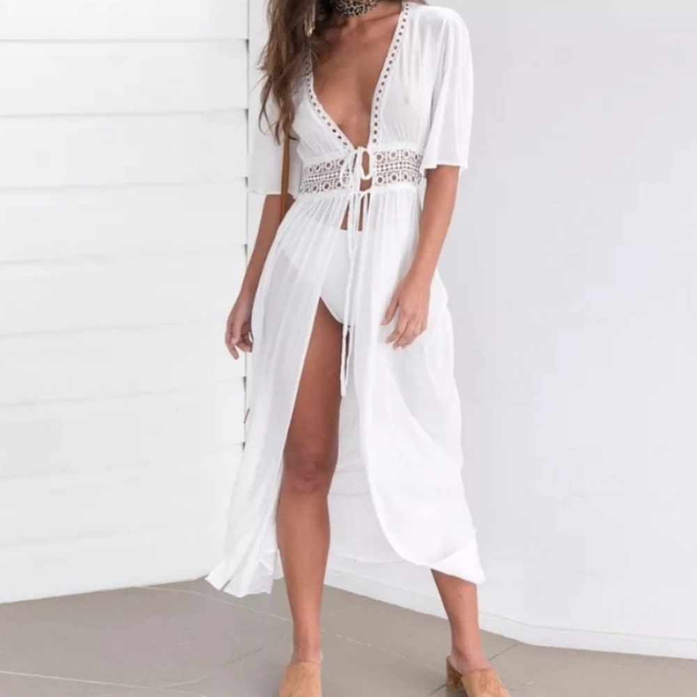 Sheer Crochet Eyelet Trim Long Kimono Coverup Beach Boho Bridal Coastal Summer